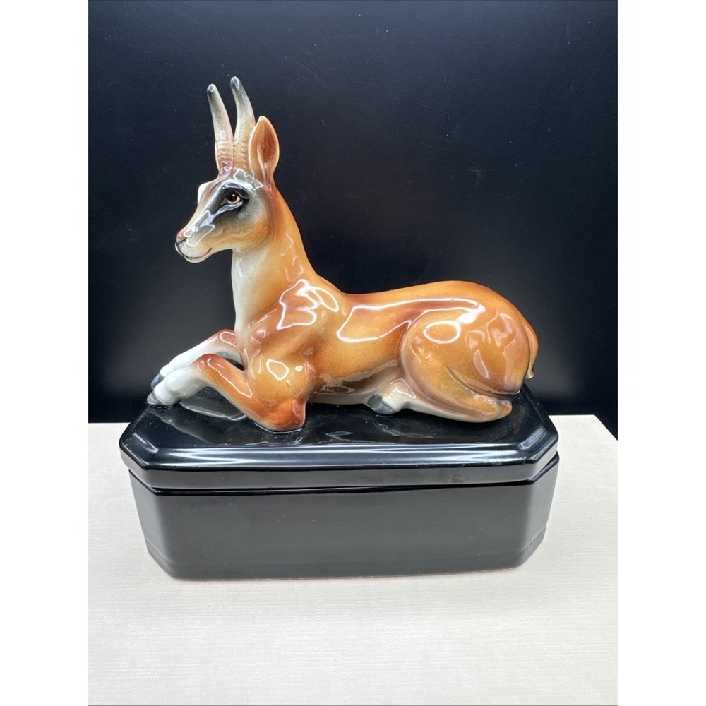 Vintage Gazelle Figurine Mounted on Ceramic Trinket Box Lid Impala Deer Art Deco